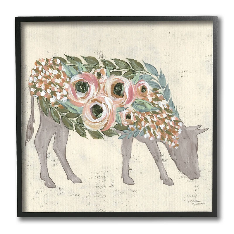 Stupell Industries Rustic Cow Pink Green Floral Body Black Framed Wall Art