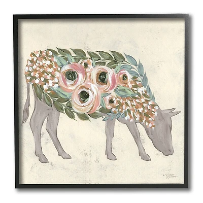 Stupell Industries Rustic Cow Pink Green Floral Body Black Framed Wall Art