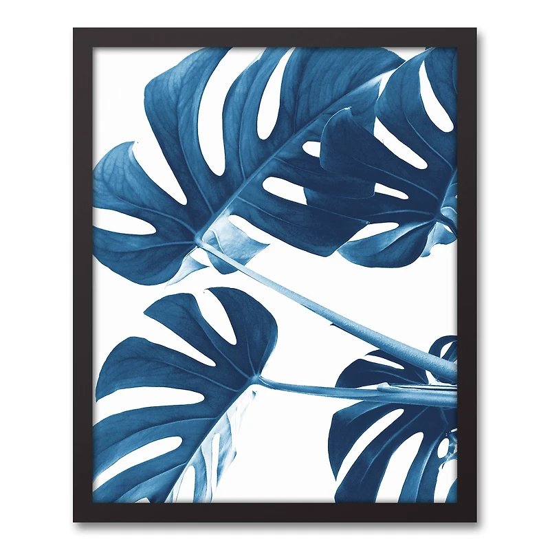 Blue Monstera Canvas Wall Art in Black Frame