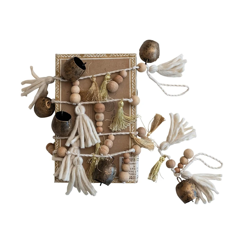 Hello Honey® 6ft. Natural & Antique Brass Handmade Bells, Beads & Tassels Garland