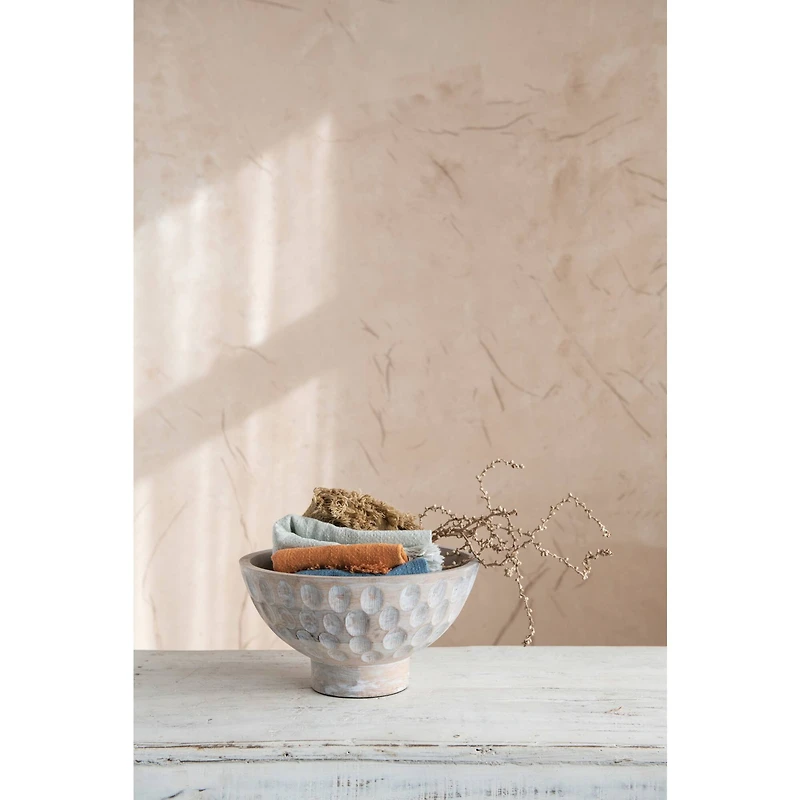 Hello Honey® 6" Whitewashed Footed Mango Wood Bowl with Carved Circle Accents