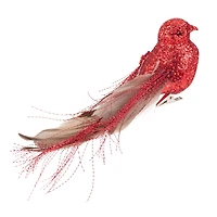 Glittered Bird with Feather Tail Christmas Clip Ornament - 7" - Red