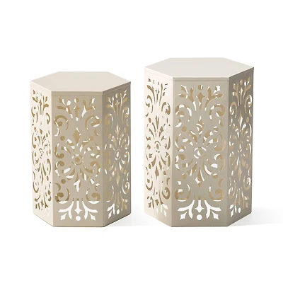 Glitzhome® White Floral Motif Hexagonal Garden Stool Set