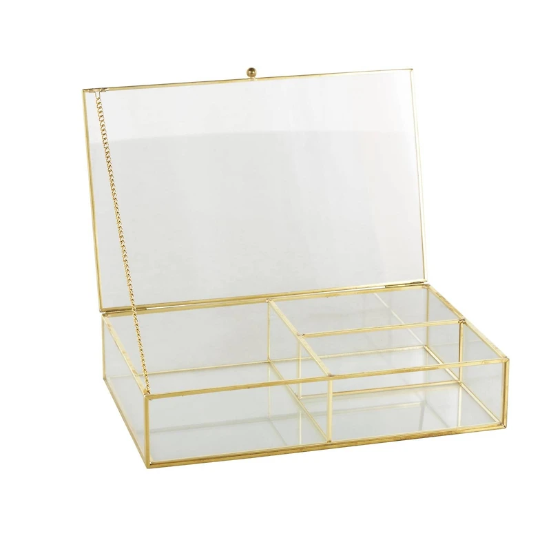 10" x 7" x 2" Clear & Gold 3-Slot Glass & Metal Jewelry Box with Chain Accent
