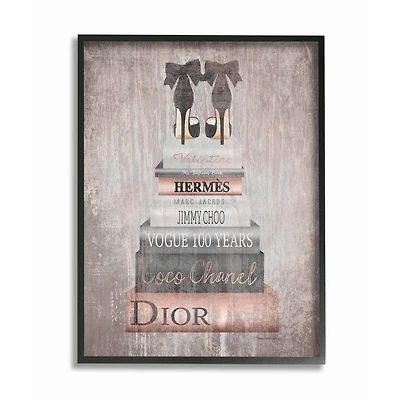 Stupell Industries Luxury Fashion Book Stack & Black Heels Wall Art in Black Frame