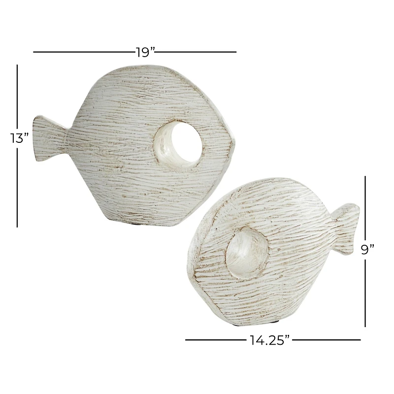 Set of 2 White Ceramic Coastal Fish Sculpture, 13", 9"