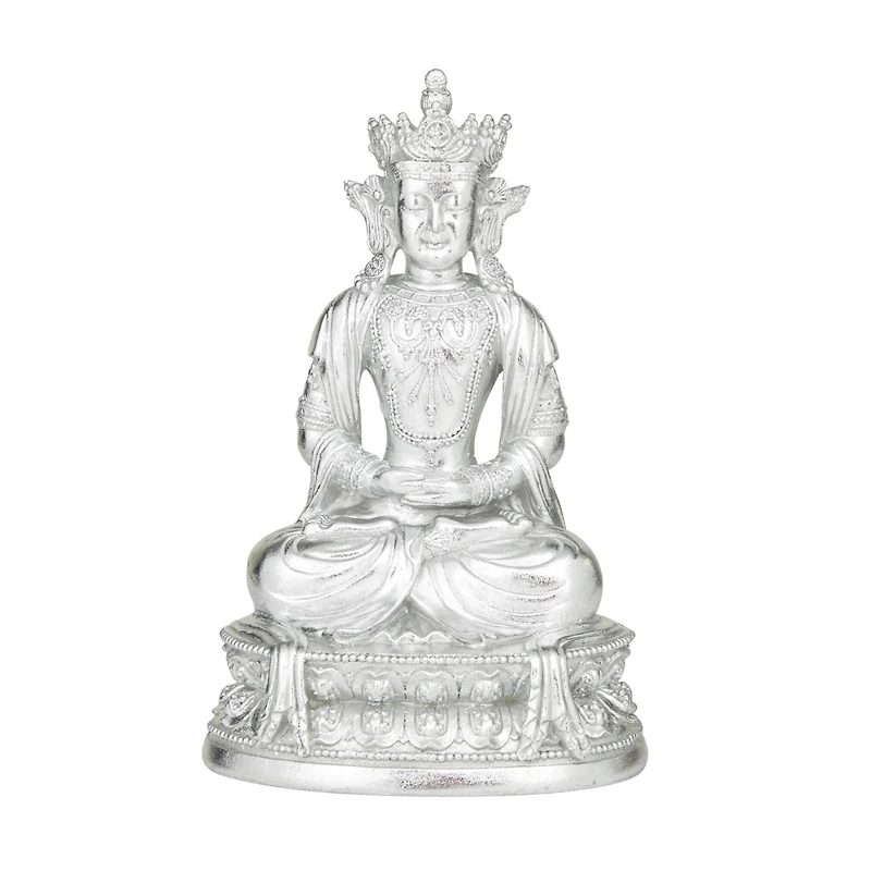 Silver Resin Bohemian Buddha Sculpture, 12" x 8" x 5"
