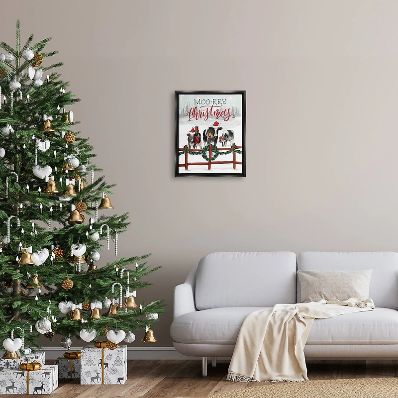 Stupell Industries Moo-rry Christmas Holiday Snowy Cows Framed Floater Canvas Wall Art