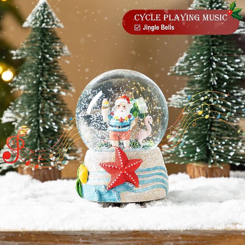 Glitzhome® 100mm Christmas Resin Musical Snowflakes Santa on Vacation Waterglobe