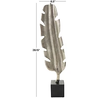 28" Silver Aluminum Bird Feather Sculpture with Black Marble Base