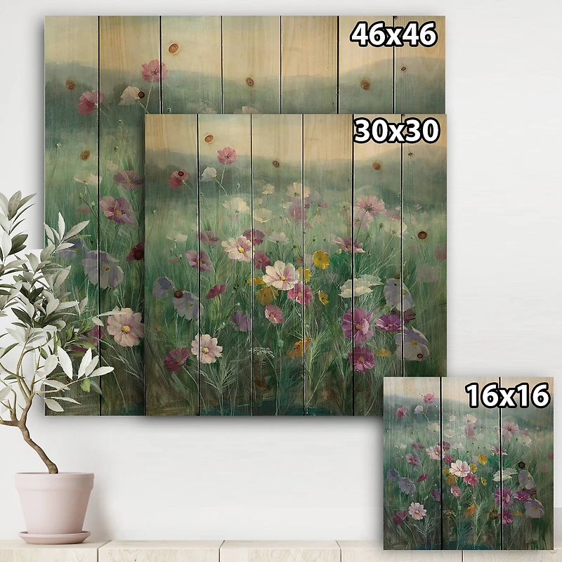 Designart - Flower field - Floral Farmhouse Print on Natural Pine Wood