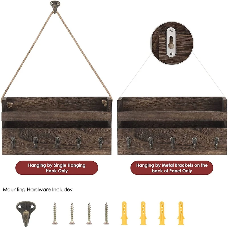 NEX™ Brown Hanging Wall-Mounted Mail Organizer with 5 Hooks