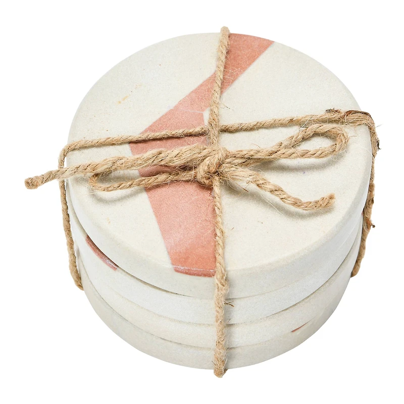 Hello Honey® Off-White and Terracotta Round Sandstone Coaster Set with Abstract Design