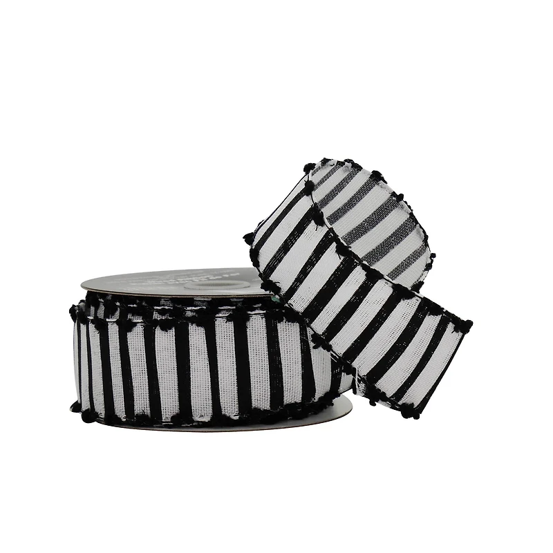 1.5" x 10yd. Black & White Striped with Pom Pom Edge Wired Faux Linen Ribbon by Celebrate It® Halloween