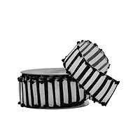 1.5" x 10yd. Black & White Striped with Pom Pom Edge Wired Faux Linen Ribbon by Celebrate It® Halloween