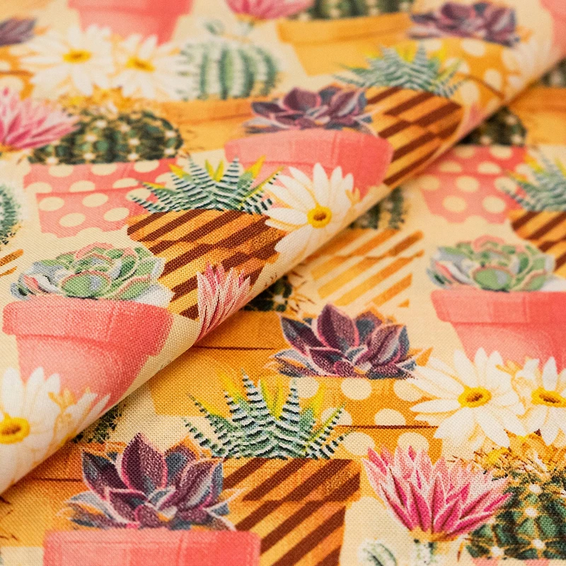 SINGER Succulents on Tan Cotton Fabric