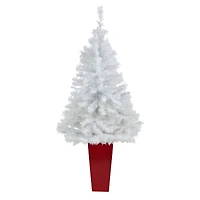 4.5ft. Pre-Lit White Artificial Christmas Tree in Red Planter, Clear LED Lights