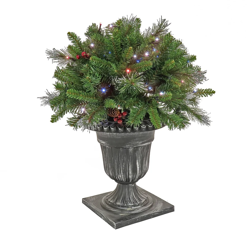 24" Pre-Lit Crestwood® Spruce Porch Bush in Silver Brushed Plastic Urn, Twinkly™ LED Lights