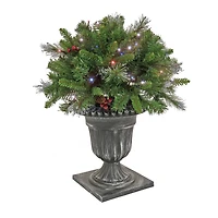 24" Pre-Lit Crestwood® Spruce Porch Bush in Silver Brushed Plastic Urn, Twinkly™ LED Lights