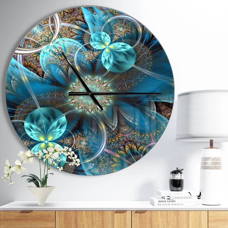 Designart Fractal Blue Flowers Wall Clock