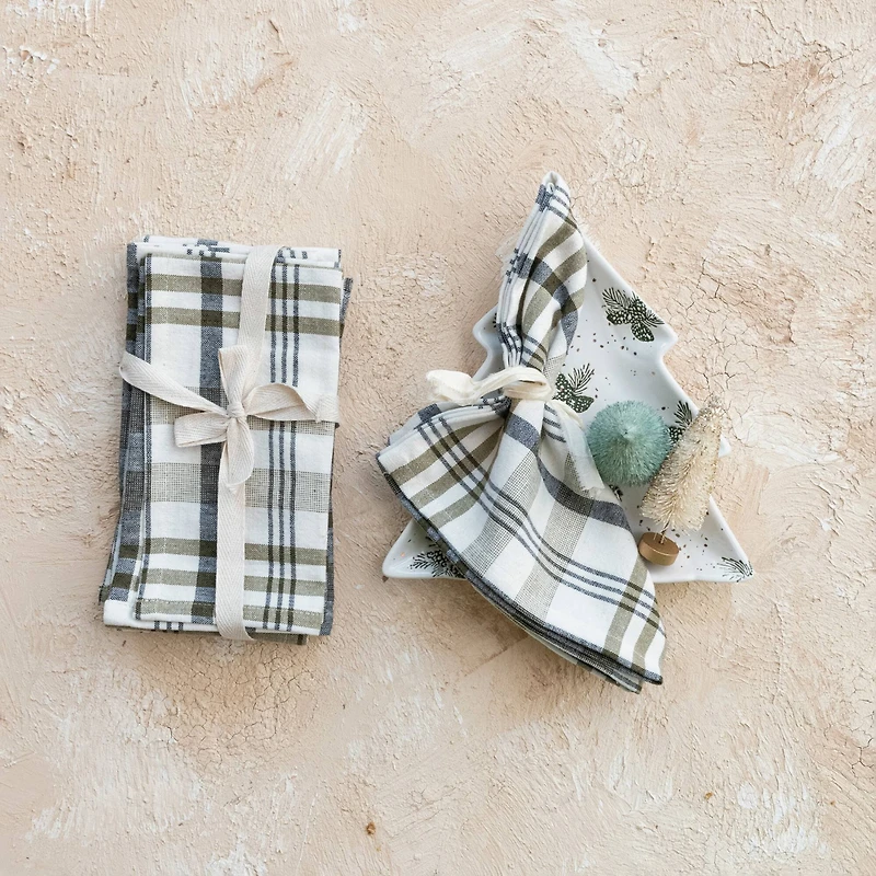 Hello Honey® 18" White & Green Plaid Stonewashed Cotton Napkins, 4ct.