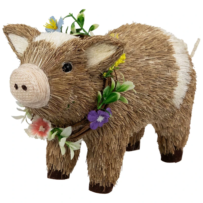 10.25" Brown & Beige Boy Piglet with Floral Wreath Spring Figurine