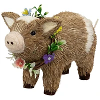 10.25" Brown & Beige Boy Piglet with Floral Wreath Spring Figurine