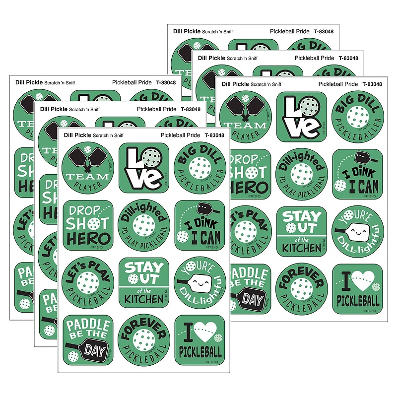 TREND Enterprises® Pickleball DILL-ight, Dill Pickle Scent Scratch n Sniff Stinky Stickers®, 1.25" 6 Packs of 48