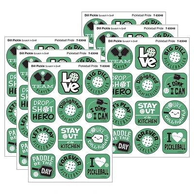 TREND Enterprises® Pickleball DILL-ight, Dill Pickle Scent Scratch n Sniff Stinky Stickers®, 1.25" 6 Packs of 48