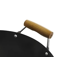Kenmore® Hammond 14'' Black Flat Bottom Carbon Steel Wok with Wooden Handles