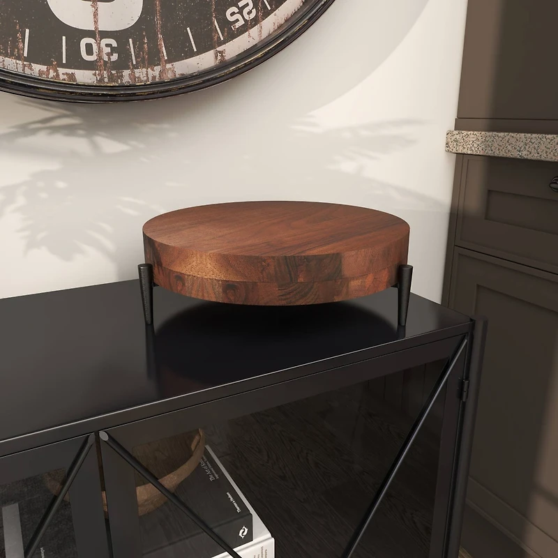 12" Brown Wood Tray with Black Metal Legs