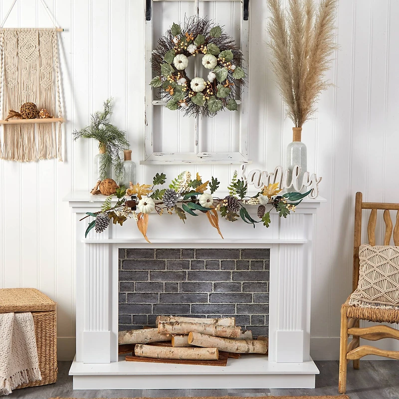 22" Autumn Green Pumpkin, Cotton & Berries Fall Wreath