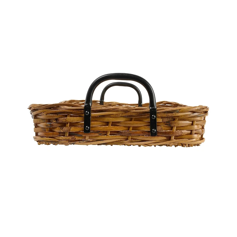 Hello Honey® 25" Natural and Black Decorative Woven Rattan Tray with Metal Handles