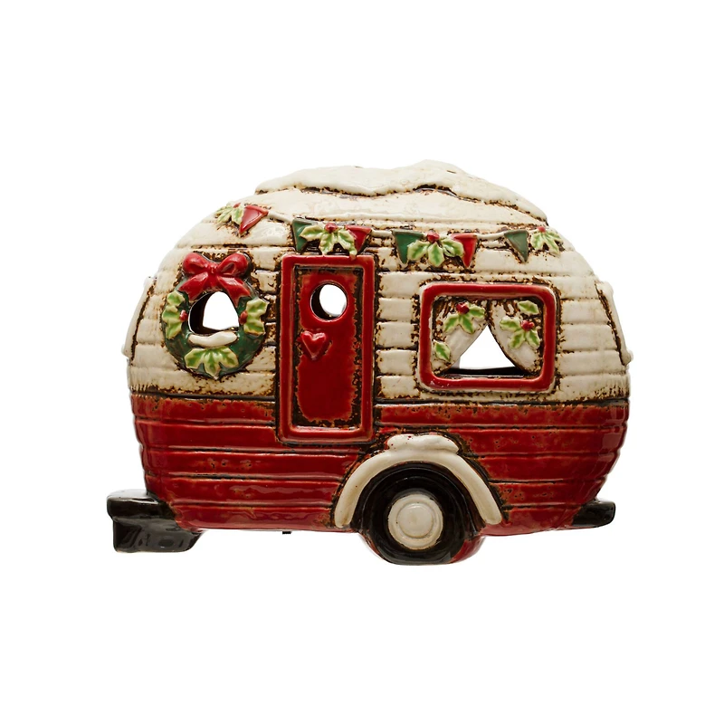Hello Honey® 7.25" Red, Cream & Green Hand-Painted Stoneware Camper with LED Lights & Reactive Glaze