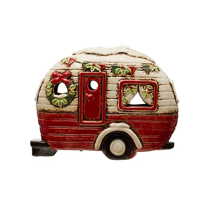 Hello Honey® 7.25" Red, Cream & Green Hand-Painted Stoneware Camper with LED Lights & Reactive Glaze