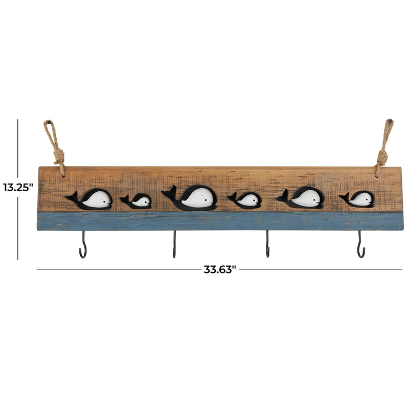 33.63" x 13.25" Brown Wood Handmade Distressed 4 Hanger Wall Hook with White Whales and Hanging Rope