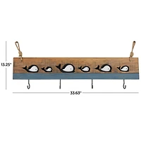33.63" x 13.25" Brown Wood Handmade Distressed 4 Hanger Wall Hook with White Whales and Hanging Rope