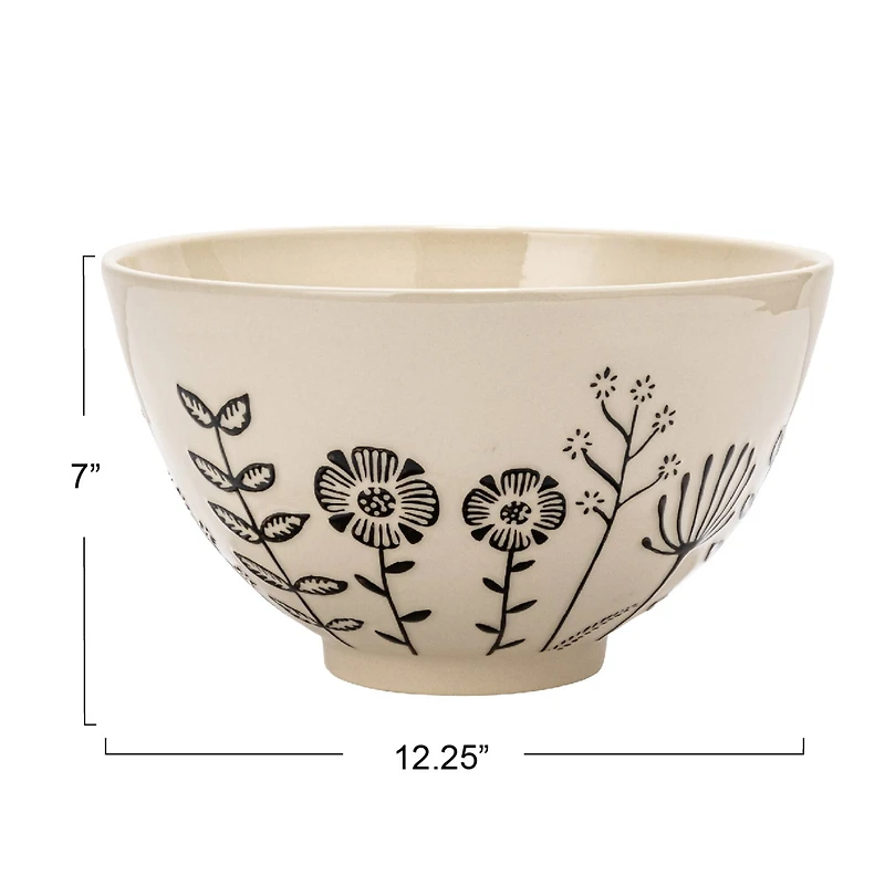 Hello Honey® 12" Cream & Black Embossed Flowers Hand-Painted Stoneware Serving Bowl