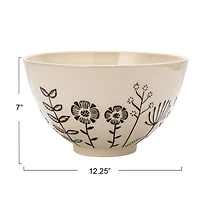 Hello Honey® 12" Cream & Black Embossed Flowers Hand-Painted Stoneware Serving Bowl