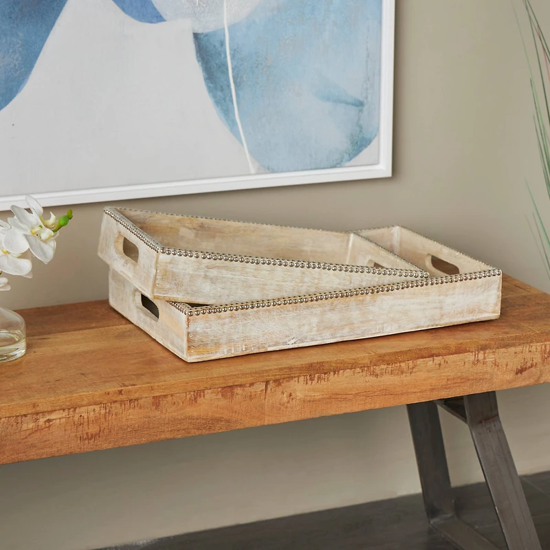 Light Brown Mango Wood Trays with Silver Beaded Rim, 2ct.