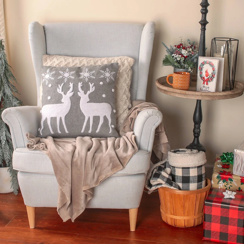 18” Gray & White Reindeer & Snowflakes Throw Pillow