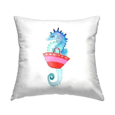 Stupell Industries Blue Seahorse Carrying Red Beach Bag Throw Pillow, 18" x 18"