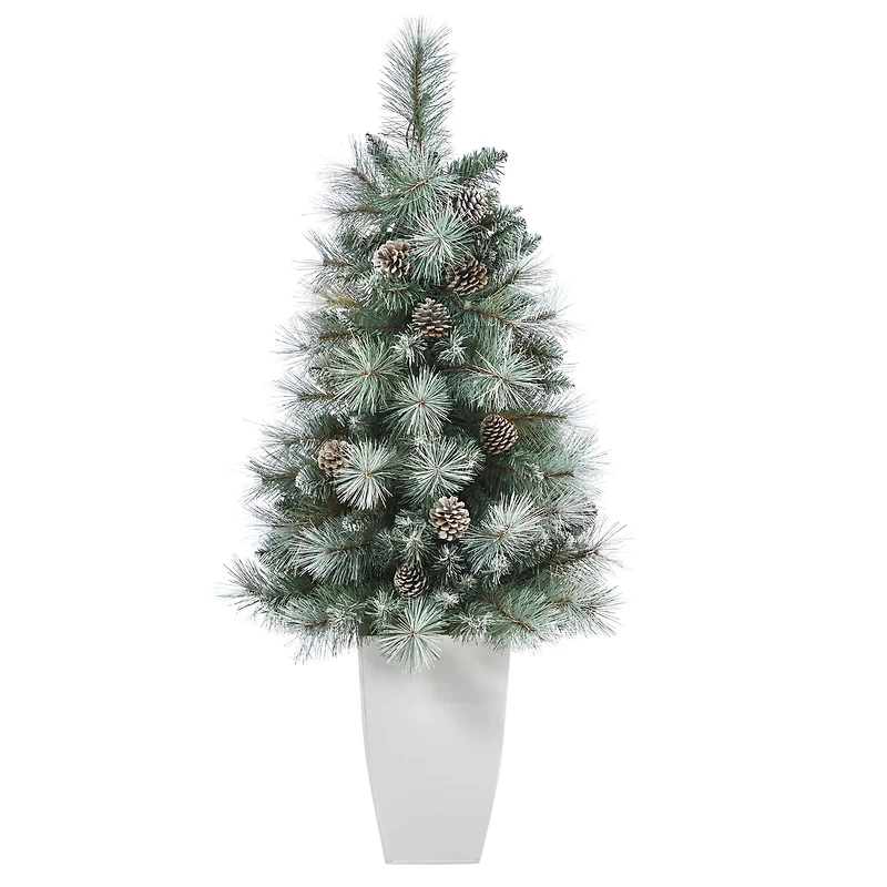 3.5ft. Pre-Lit Frosted British Columbia Mountain Pine Artificial Christmas Tree in White Planter, Clear Lights
