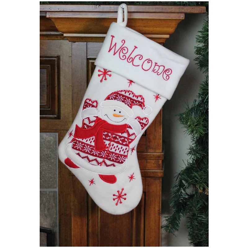 16" Red & White Welcome Snowman Embroidered Christmas Stocking
