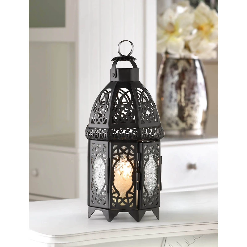 12" Black Lattice Moroccan Style Candle Lantern