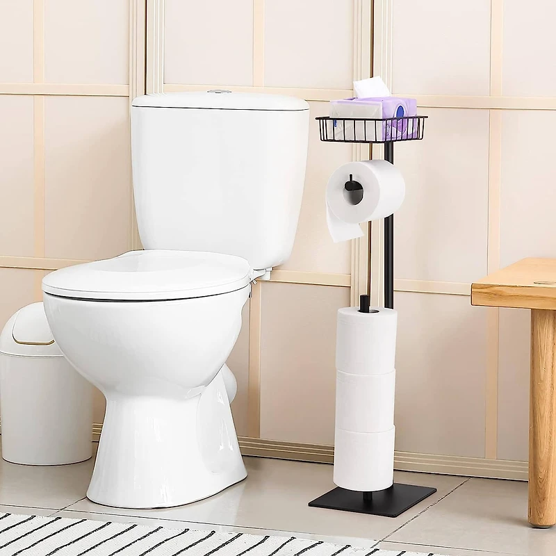 Black Freestanding Toilet Paper Holder Stand with Basket
