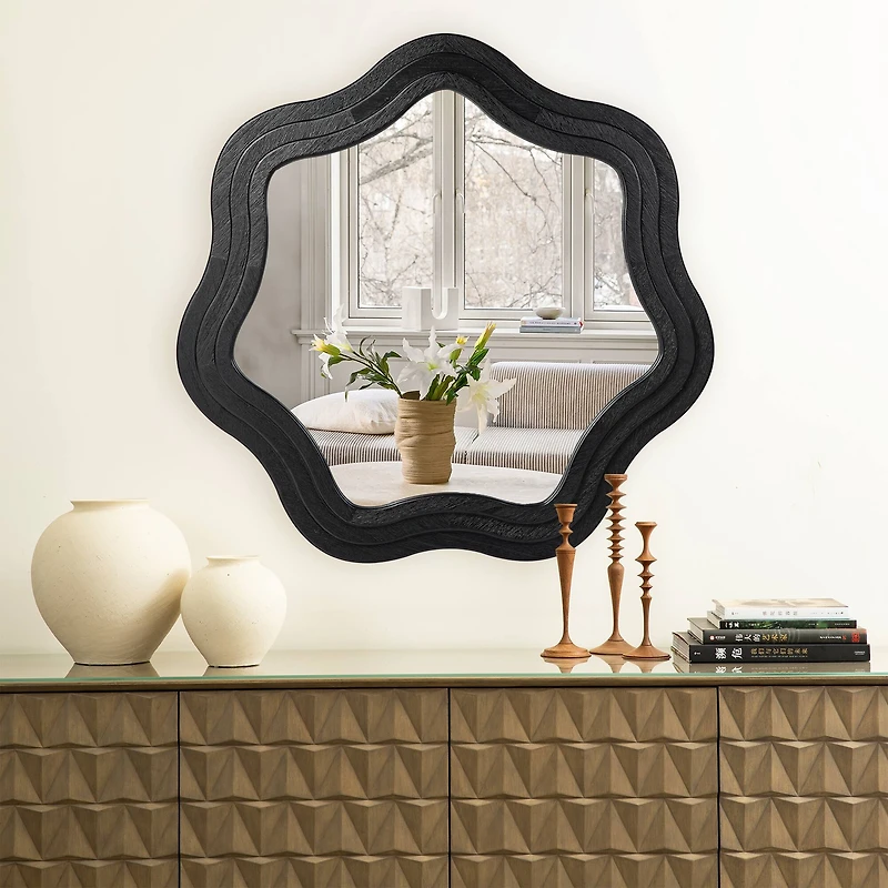 Glitzhome® 33.5" Modern Black Triple Wood Frame Wavy Wall Mirror