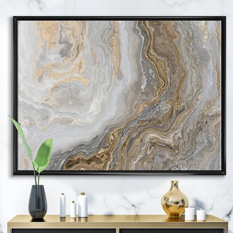 Designart - White Marble with Curley Grey and Gold Veins