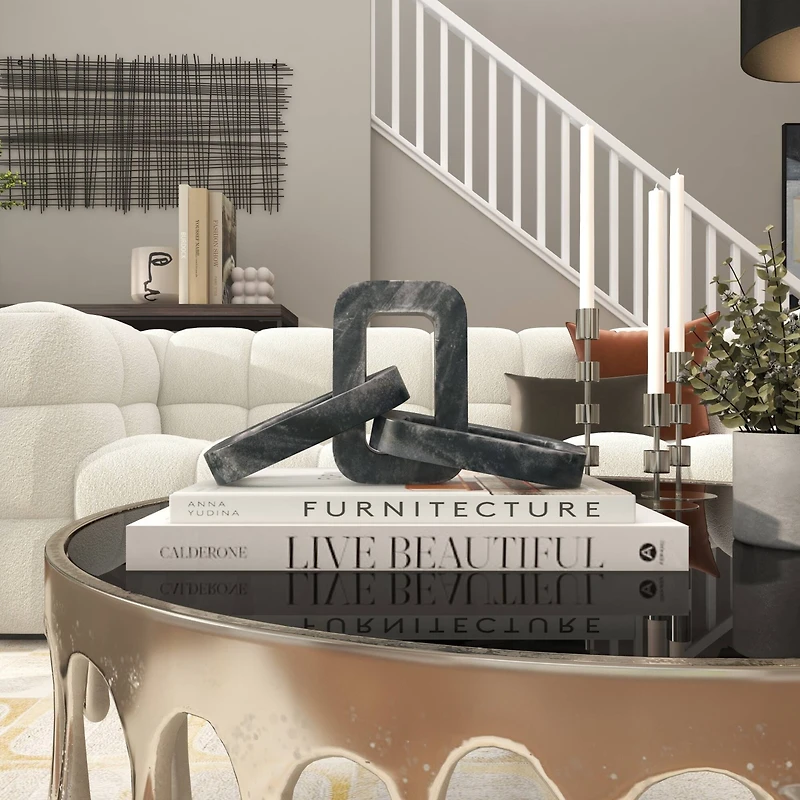 14" Gray Marble Chain Geometric 3-Link Sculpture