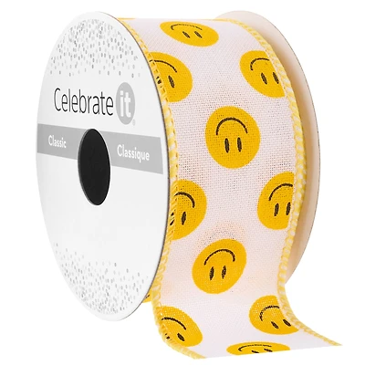 1.5" x 3yd. Wired Yellow Smiley Face Ribbon by Celebrate It™ Classic